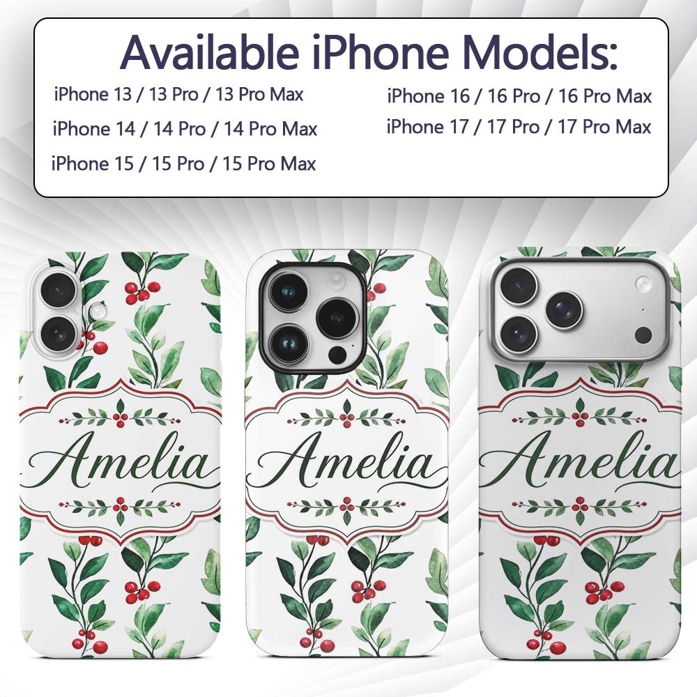 Watercolor Winter Berry Branches Printed Design Custom Name Protective Phone Case Mobile Cover Durable Everyday Smartphone Shock Resistant