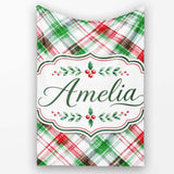 Watercolor Red Green Christmas Tartan Plaid Festive Seamless Pattern  Personalised Custom Name Super Soft Fleece Blanket Bed Sofa Throw