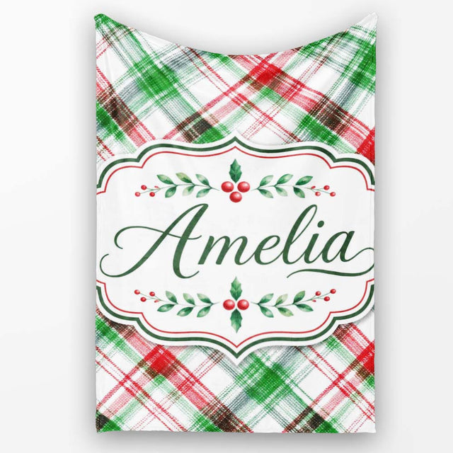 Watercolor Red Green Christmas Tartan Plaid Festive Seamless Pattern  Personalised Custom Name Super Soft Fleece Blanket Bed Sofa Throw