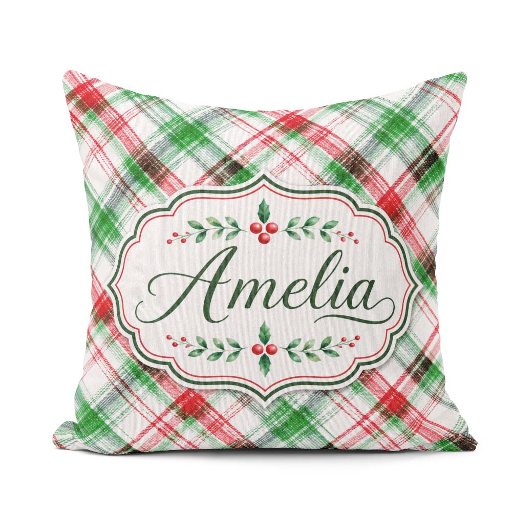 Custom Name Watercolor Red Green Christmas Tartan Plaid Seamless Square Filled Cushion Throw Pillow Sofa Bed Home Decor Zip Washable UK Made