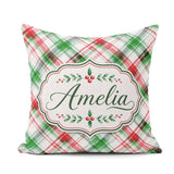 Custom Name Watercolor Red Green Christmas Tartan Plaid Seamless Square Filled Cushion Throw Pillow Sofa Bed Home Decor Zip Washable UK Made