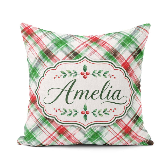 Custom Name Watercolor Red Green Christmas Tartan Plaid Seamless Square Filled Cushion Throw Pillow Sofa Bed Home Decor Zip Washable UK Made
