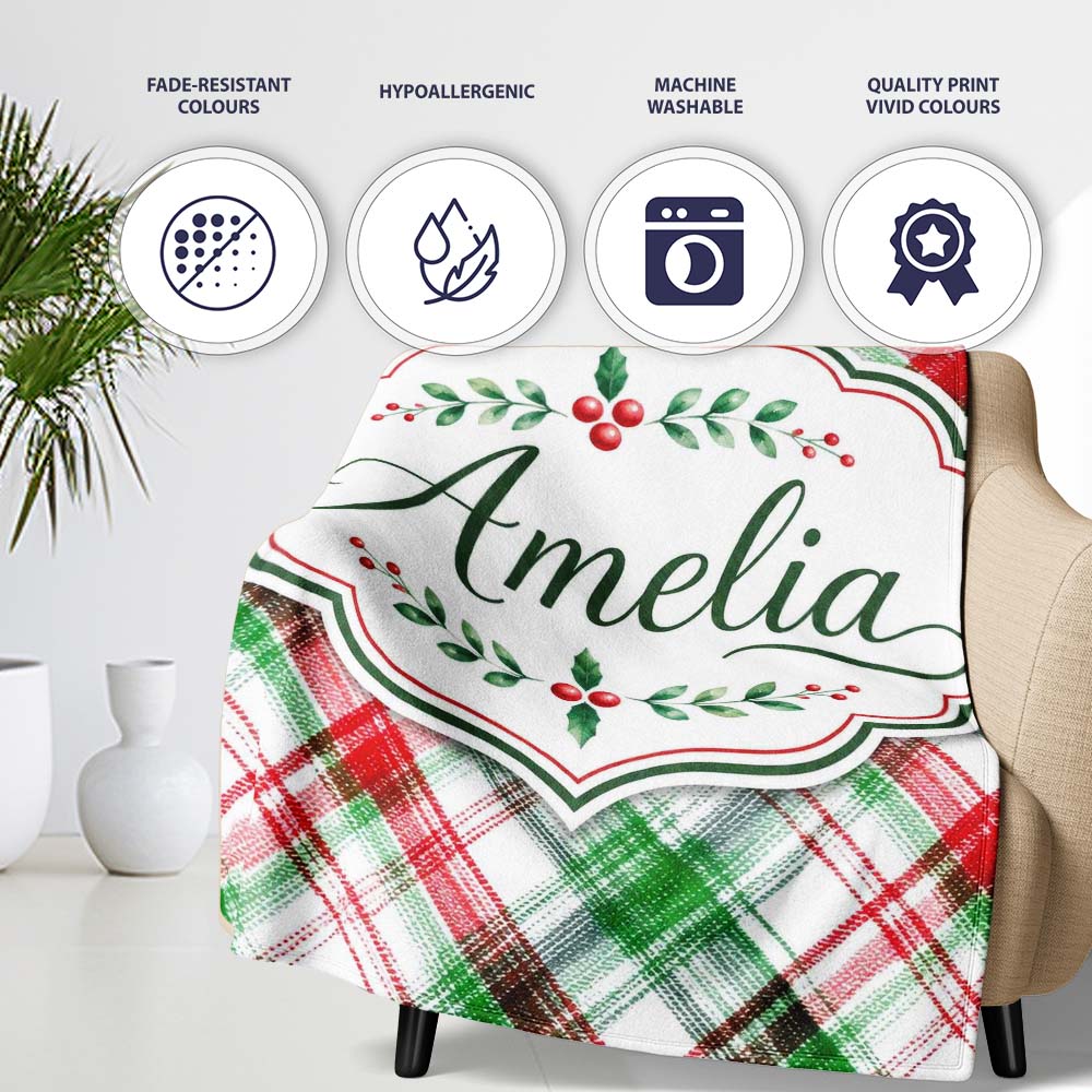 Watercolor Red Green Christmas Tartan Plaid Festive Seamless Pattern  Personalised Custom Name Super Soft Fleece Blanket Bed Sofa Throw