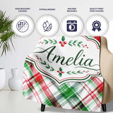 Watercolor Red Green Christmas Tartan Plaid Festive Seamless Pattern  Personalised Custom Name Super Soft Fleece Blanket Bed Sofa Throw