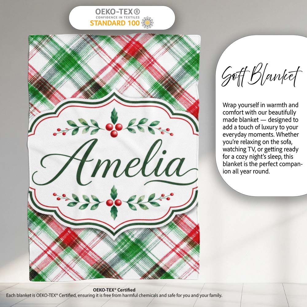 Watercolor Red Green Christmas Tartan Plaid Festive Seamless Pattern  Personalised Custom Name Super Soft Fleece Blanket Bed Sofa Throw
