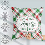Custom Name Watercolor Red Green Christmas Tartan Plaid Seamless Square Filled Cushion Throw Pillow Sofa Bed Home Decor Zip Washable UK Made