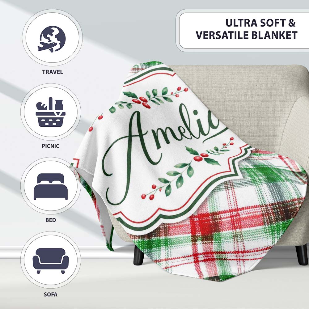 Watercolor Red Green Christmas Tartan Plaid Festive Seamless Pattern  Personalised Custom Name Super Soft Fleece Blanket Bed Sofa Throw