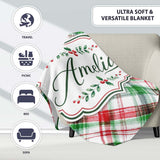 Watercolor Red Green Christmas Tartan Plaid Festive Seamless Pattern  Personalised Custom Name Super Soft Fleece Blanket Bed Sofa Throw