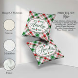 Custom Name Watercolor Red Green Christmas Tartan Plaid Seamless Square Filled Cushion Throw Pillow Sofa Bed Home Decor Zip Washable UK Made