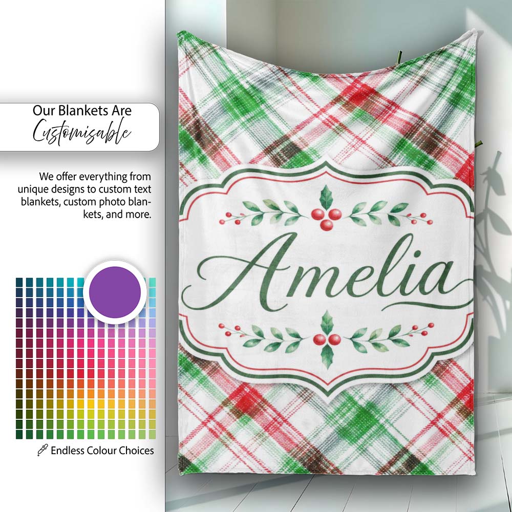 Watercolor Red Green Christmas Tartan Plaid Festive Seamless Pattern  Personalised Custom Name Super Soft Fleece Blanket Bed Sofa Throw
