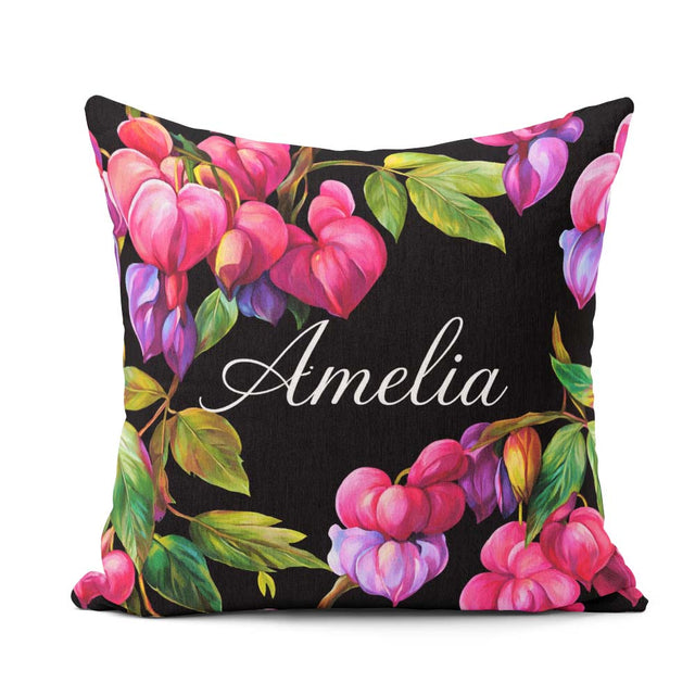 Custom Name Vibrant Pink Bleeding Flowers Dark Background Floral Square Filled Cushion Throw Pillow Sofa Bed Home Decor Zip Washable UK Made