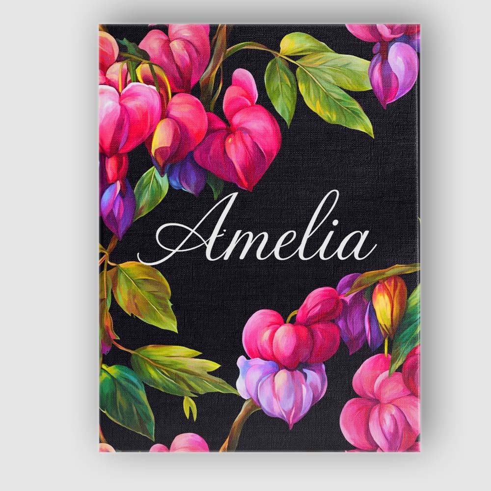 Personalised Name Vibrant Pink Bleeding Heart Flowers Dark Background Custom Home Unique Canvas Wall Art Print Decor Picture Ready to Hang