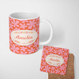 Personalized Custom Name Bold Pink Floral Retro Orange Background Seamless Pattern Lovely 11oz Ceramic Coffee Tea Mug White Large Handle