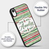 Watercolor Red Green Horizontal Stripe Christmas Custom Name Protective Phone Case Mobile Cover Durable Everyday Smartphone Shock Resistant