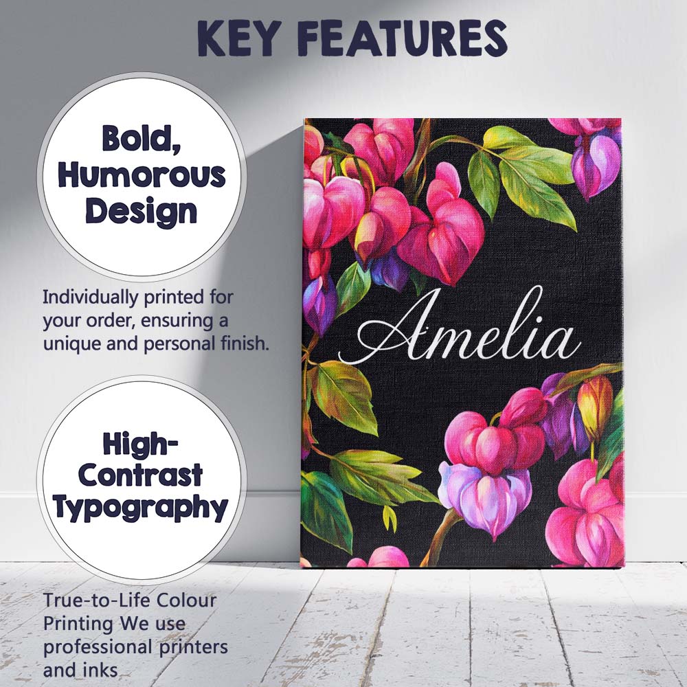 Personalised Name Vibrant Pink Bleeding Heart Flowers Dark Background Custom Home Unique Canvas Wall Art Print Decor Picture Ready to Hang