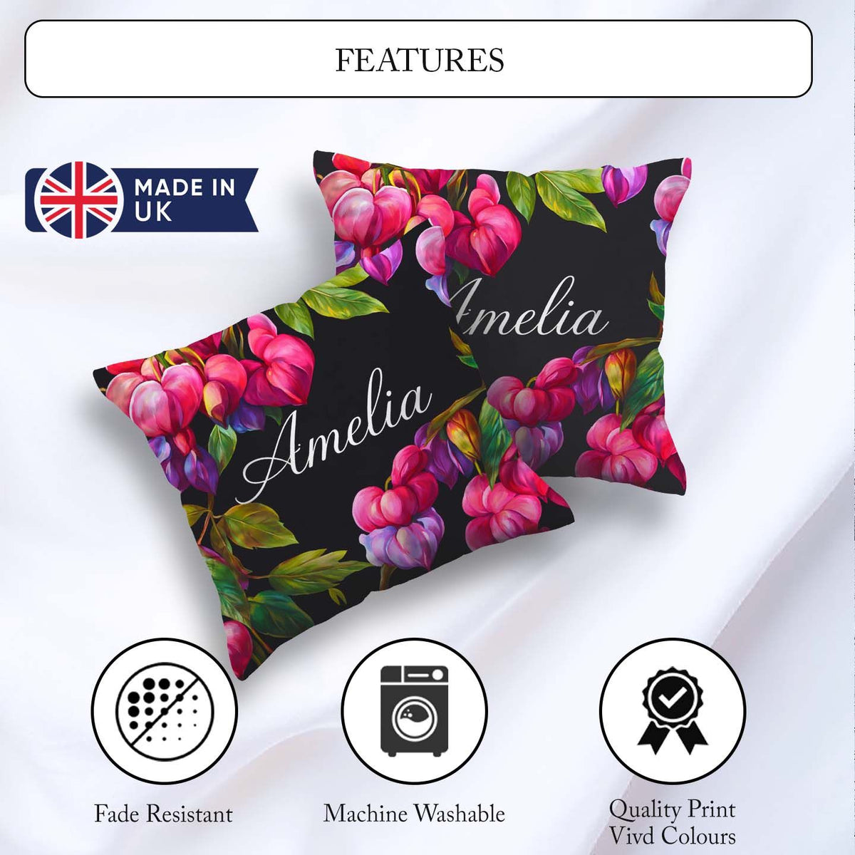 Custom Name Vibrant Pink Bleeding Flowers Dark Background Floral Square Filled Cushion Throw Pillow Sofa Bed Home Decor Zip Washable UK Made