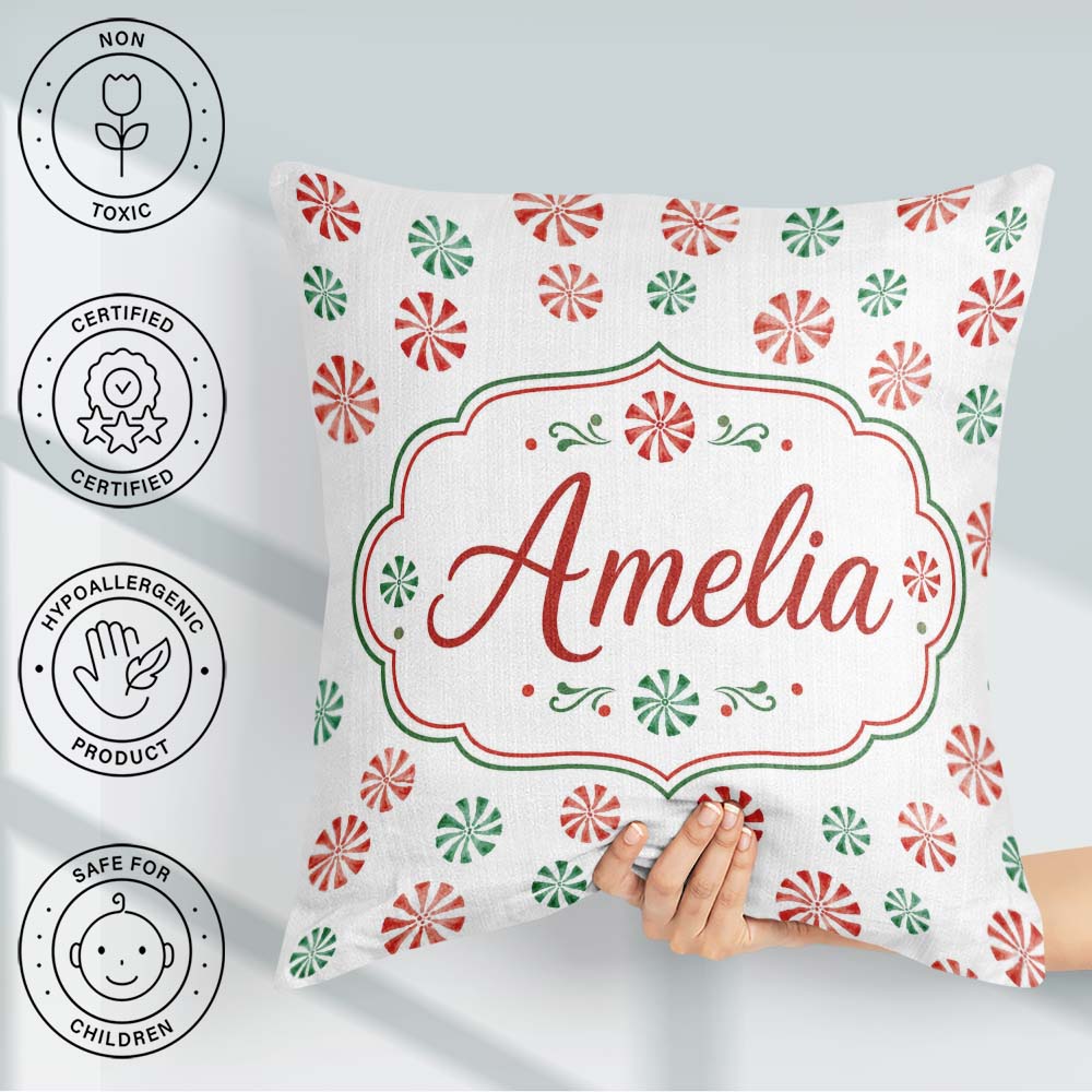 Custom Name Watercolor Candy Red Green Holiday Seamless Pattern Square Filled Cushion Throw Pillow Sofa Bed Home Decor Zip Washable UK Made
