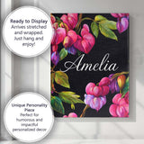 Personalised Name Vibrant Pink Bleeding Heart Flowers Dark Background Custom Home Unique Canvas Wall Art Print Decor Picture Ready to Hang