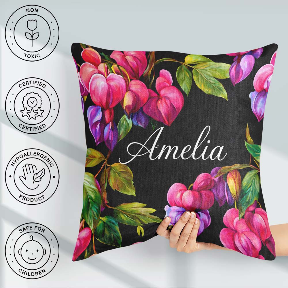 Custom Name Vibrant Pink Bleeding Flowers Dark Background Floral Square Filled Cushion Throw Pillow Sofa Bed Home Decor Zip Washable UK Made