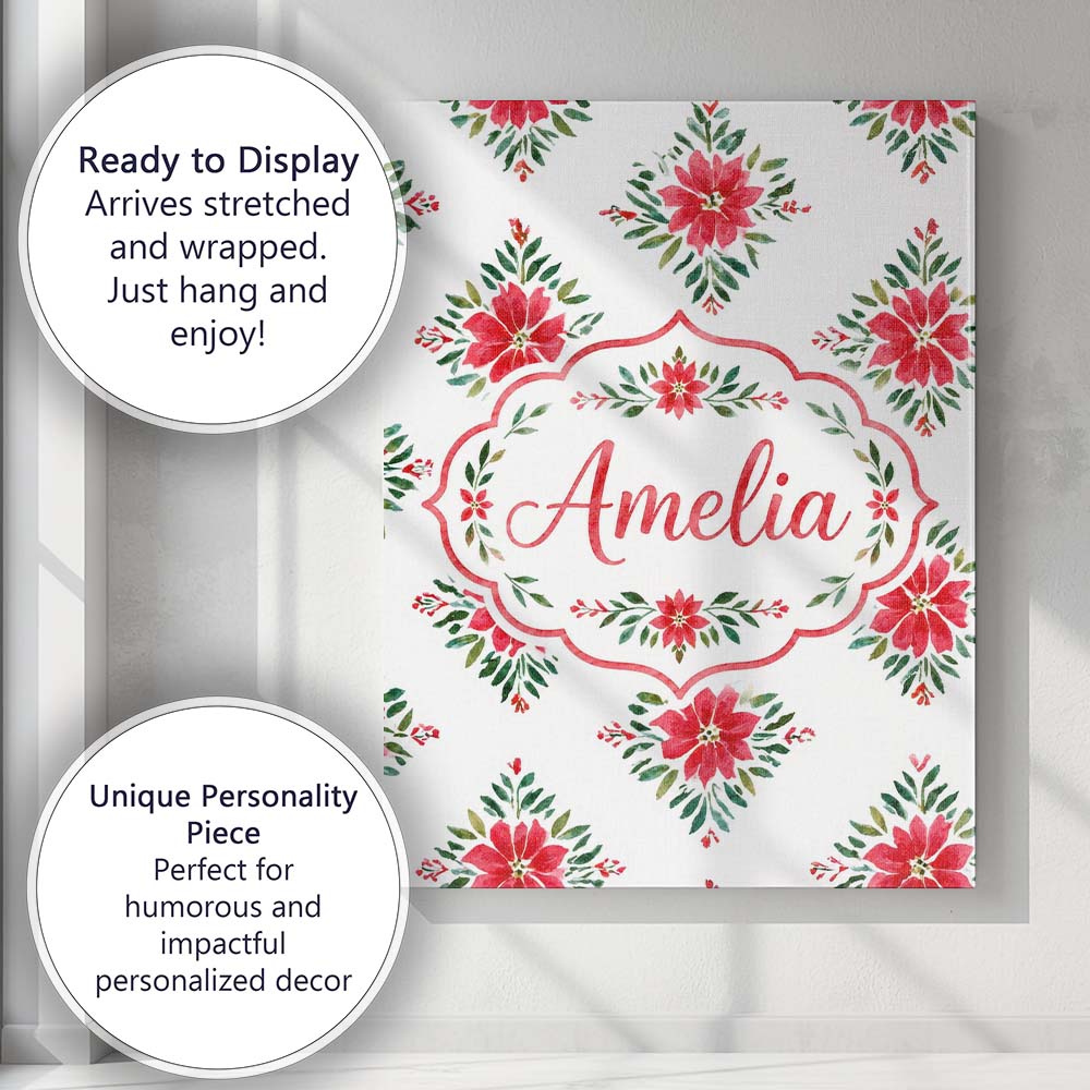 Personalised Name Watercolor Poinsettia Custom  Modern Room Accent Elegant Feature Canvas Wall Art Print Decor Picture Ready to Hang