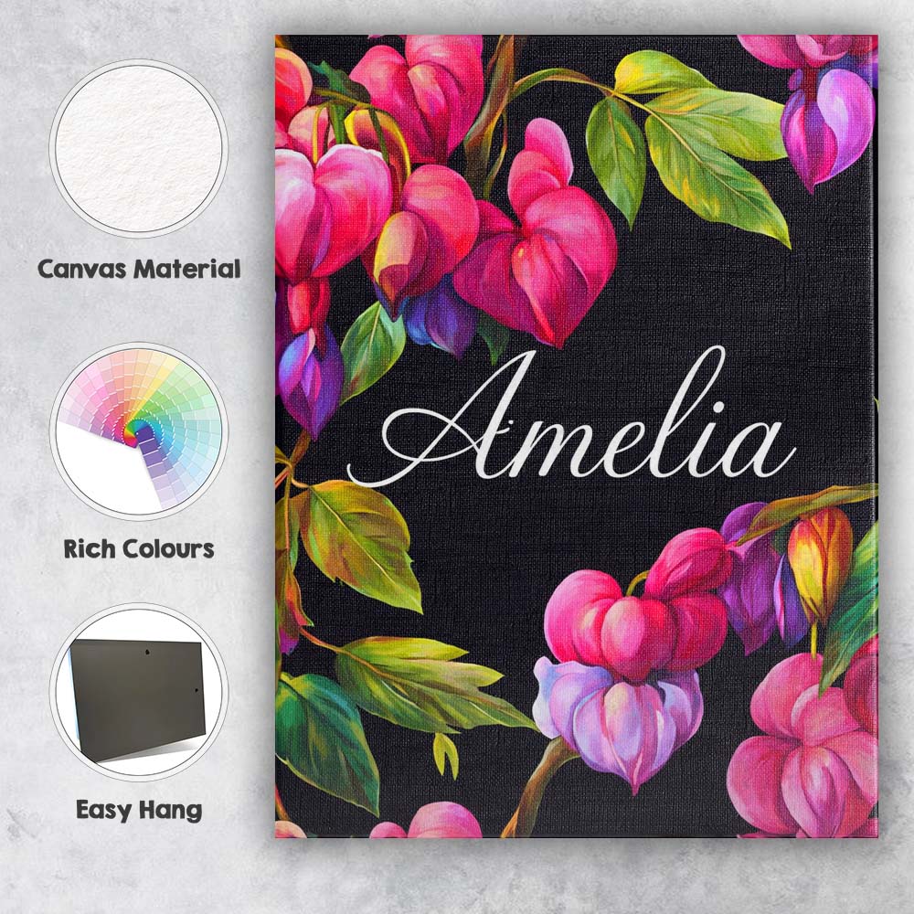 Personalised Name Vibrant Pink Bleeding Heart Flowers Dark Background Custom Home Unique Canvas Wall Art Print Decor Picture Ready to Hang