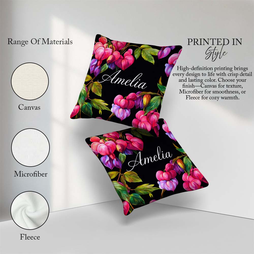 Custom Name Vibrant Pink Bleeding Flowers Dark Background Floral Square Filled Cushion Throw Pillow Sofa Bed Home Decor Zip Washable UK Made