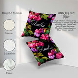 Custom Name Vibrant Pink Bleeding Flowers Dark Background Floral Square Filled Cushion Throw Pillow Sofa Bed Home Decor Zip Washable UK Made