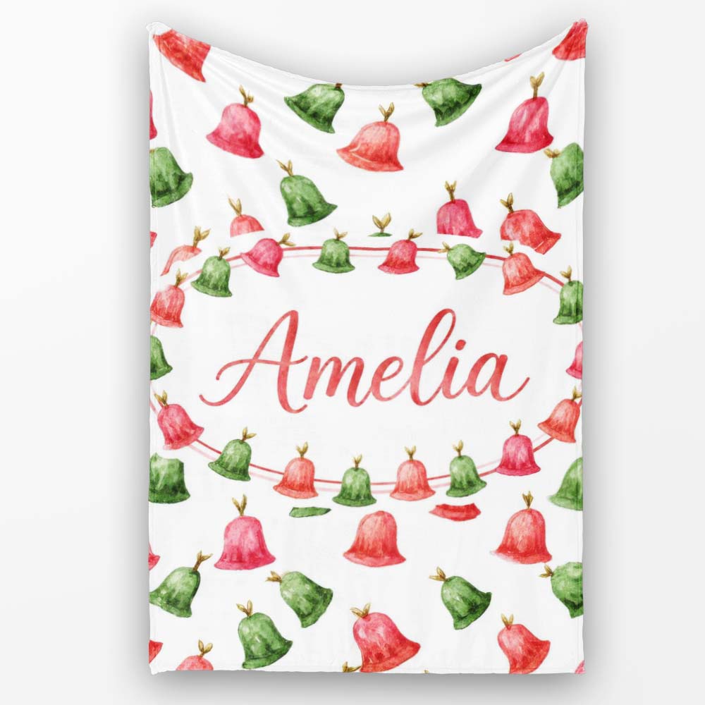 Watercolor Christmas Bells Red Green Festive Seamless Pattern Lovely  Personalised Custom Name Super Soft Fleece Blanket Bed Sofa Throw