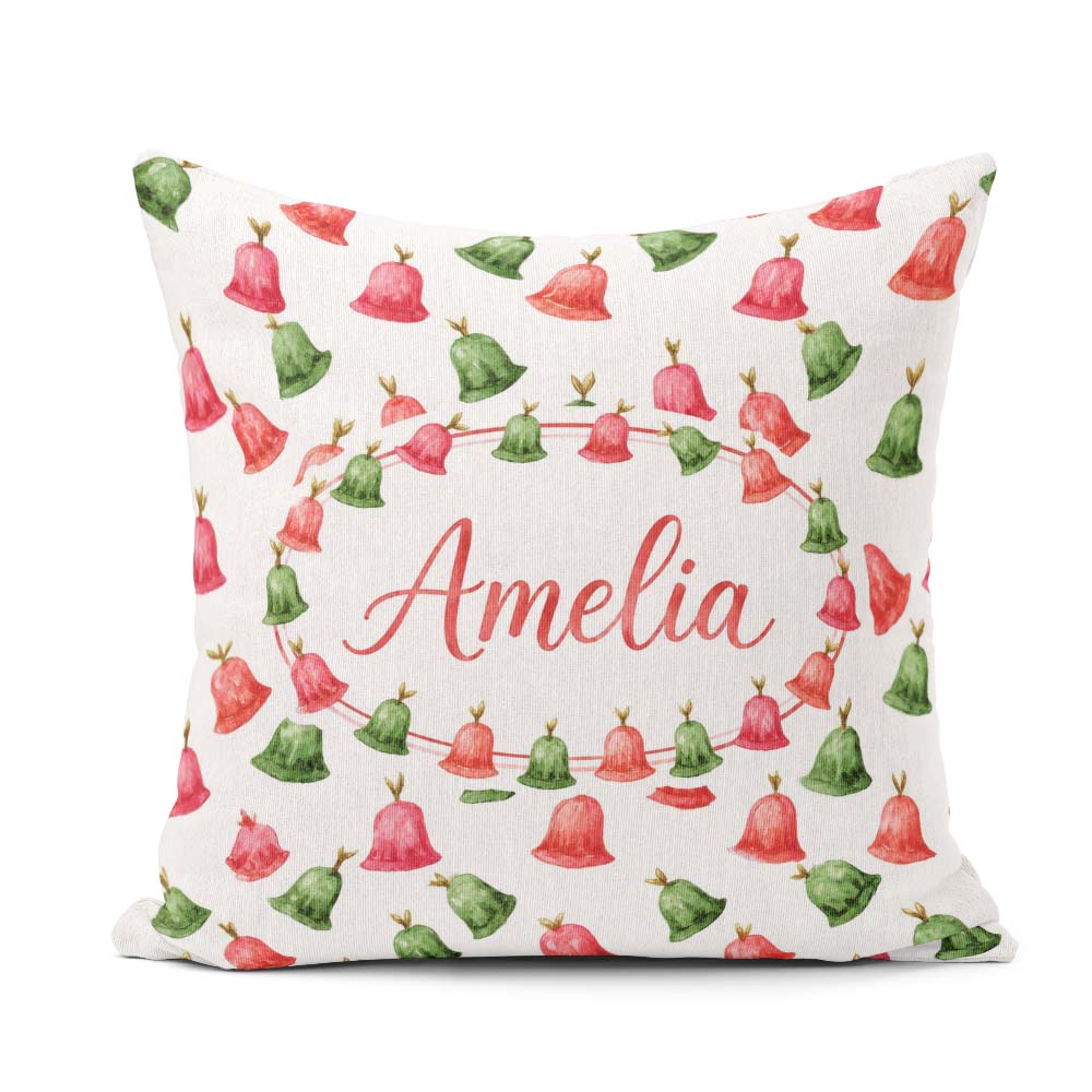 Custom Name Watercolor Christmas Bells Red Green Festive Pattern Square Filled Cushion Throw Pillow Sofa Bed Home Decor Zip Washable UK Made