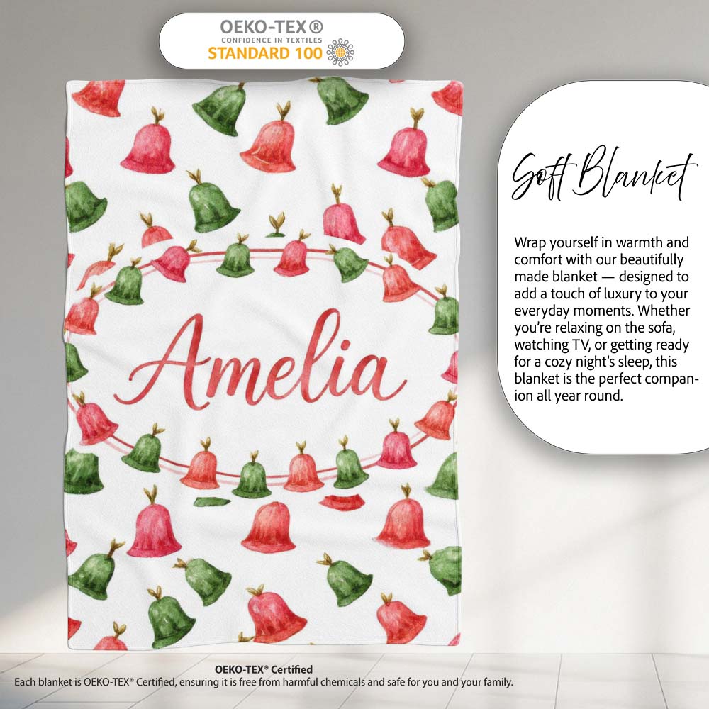 Watercolor Christmas Bells Red Green Festive Seamless Pattern Lovely  Personalised Custom Name Super Soft Fleece Blanket Bed Sofa Throw