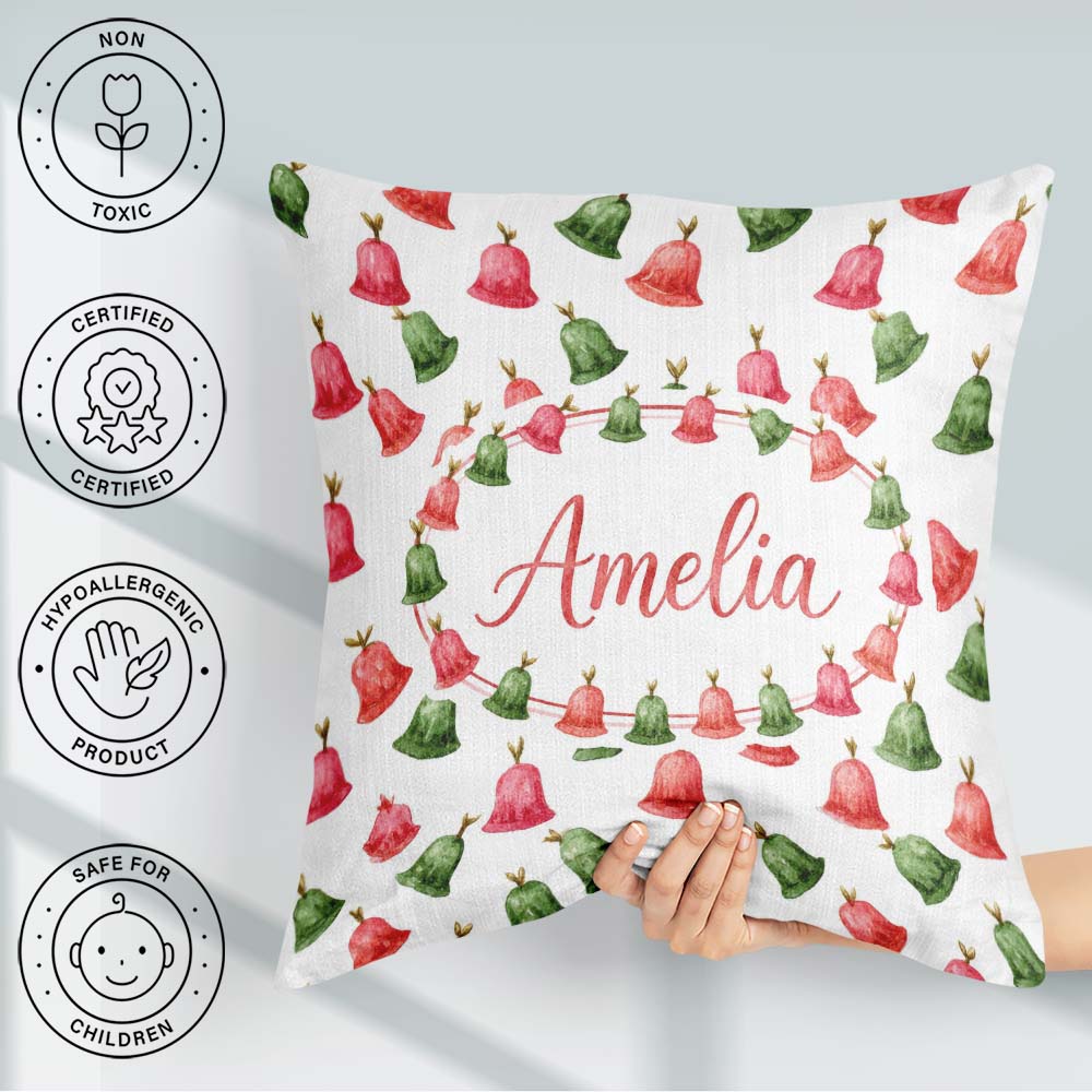 Custom Name Watercolor Christmas Bells Red Green Festive Pattern Square Filled Cushion Throw Pillow Sofa Bed Home Decor Zip Washable UK Made