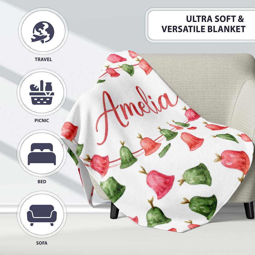 Watercolor Christmas Bells Red Green Festive Seamless Pattern Lovely  Personalised Custom Name Super Soft Fleece Blanket Bed Sofa Throw