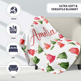 Watercolor Christmas Bells Red Green Festive Seamless Pattern Lovely  Personalised Custom Name Super Soft Fleece Blanket Bed Sofa Throw