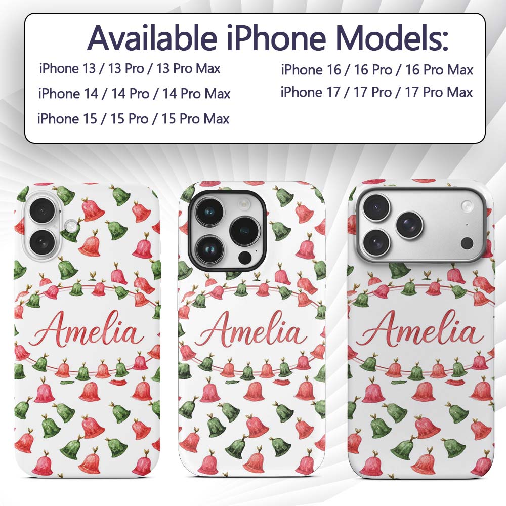 Watercolor Christmas Bells Red Green Festive Custom Name Protective Phone Case Mobile Cover Durable Everyday Smartphone Shock Resistant