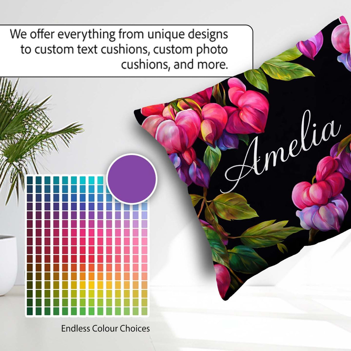 Custom Name Vibrant Pink Bleeding Flowers Dark Background Floral Square Filled Cushion Throw Pillow Sofa Bed Home Decor Zip Washable UK Made