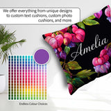 Custom Name Vibrant Pink Bleeding Flowers Dark Background Floral Square Filled Cushion Throw Pillow Sofa Bed Home Decor Zip Washable UK Made