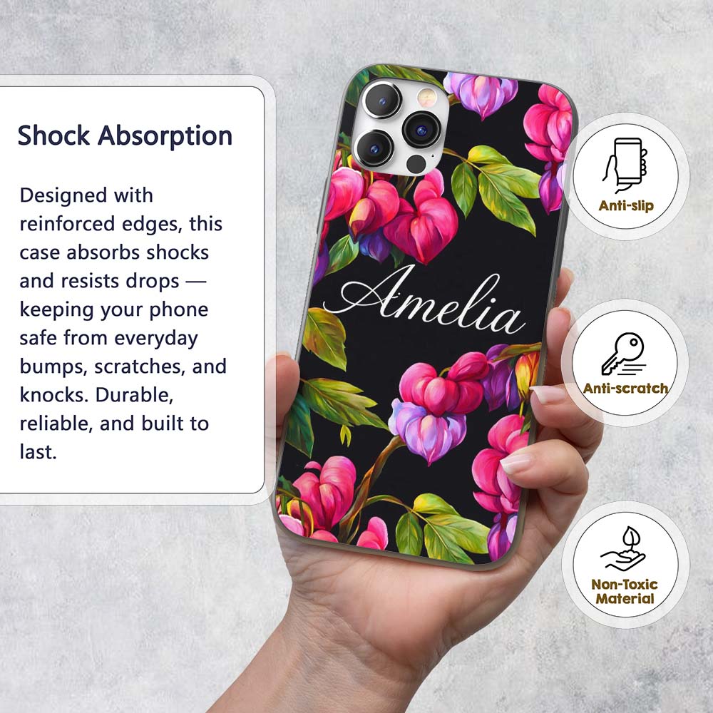 Vibrant Pink Bleeding Heart Decorative Design Custom Name Protective Phone Case Mobile Cover Durable Everyday Smartphone Shock Resistant