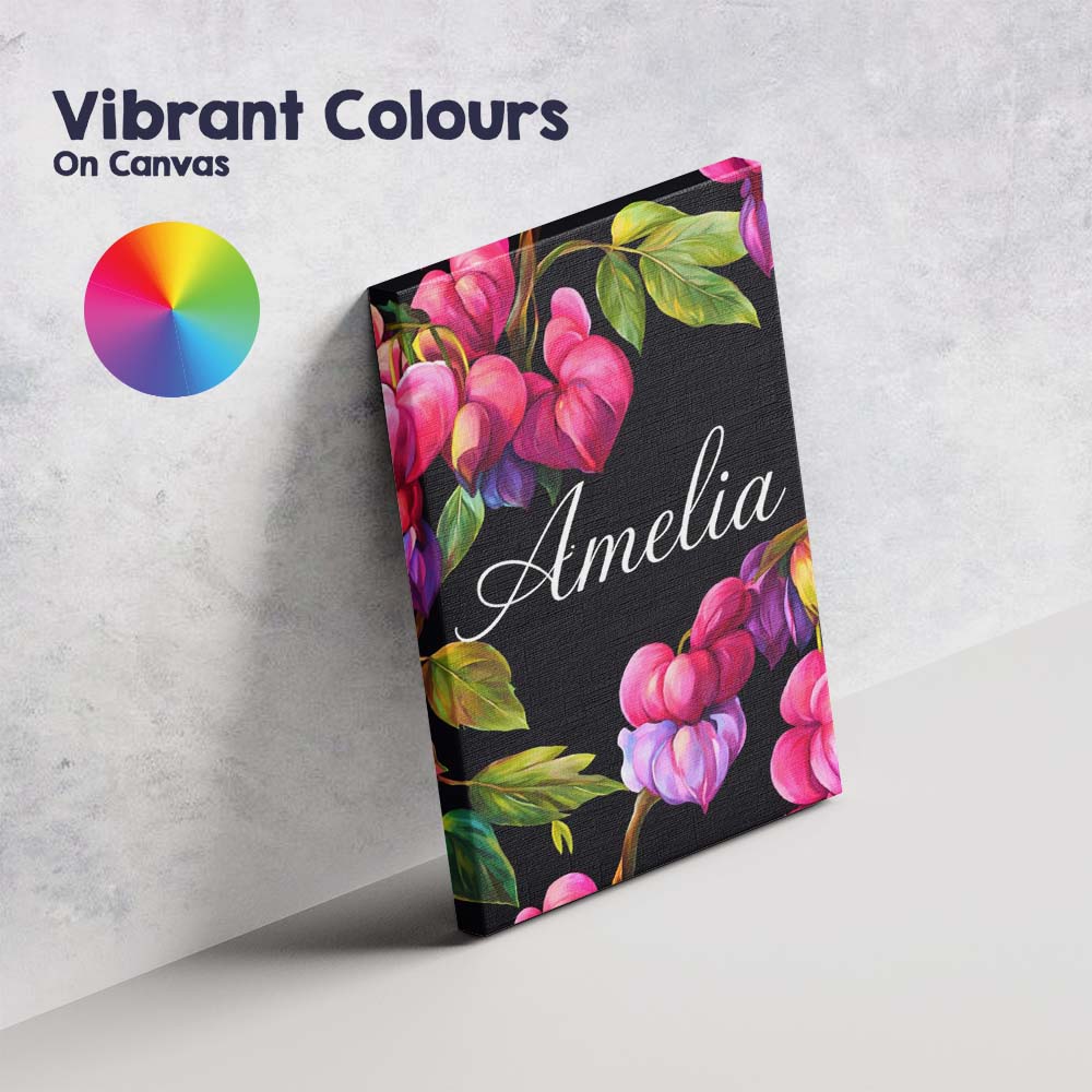 Personalised Name Vibrant Pink Bleeding Heart Flowers Dark Background Custom Home Unique Canvas Wall Art Print Decor Picture Ready to Hang
