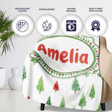 Watercolor Mini Christmas Trees Red Green Holiday Seamless Pattern  Personalised Custom Name Super Soft Fleece Blanket Bed Sofa Throw