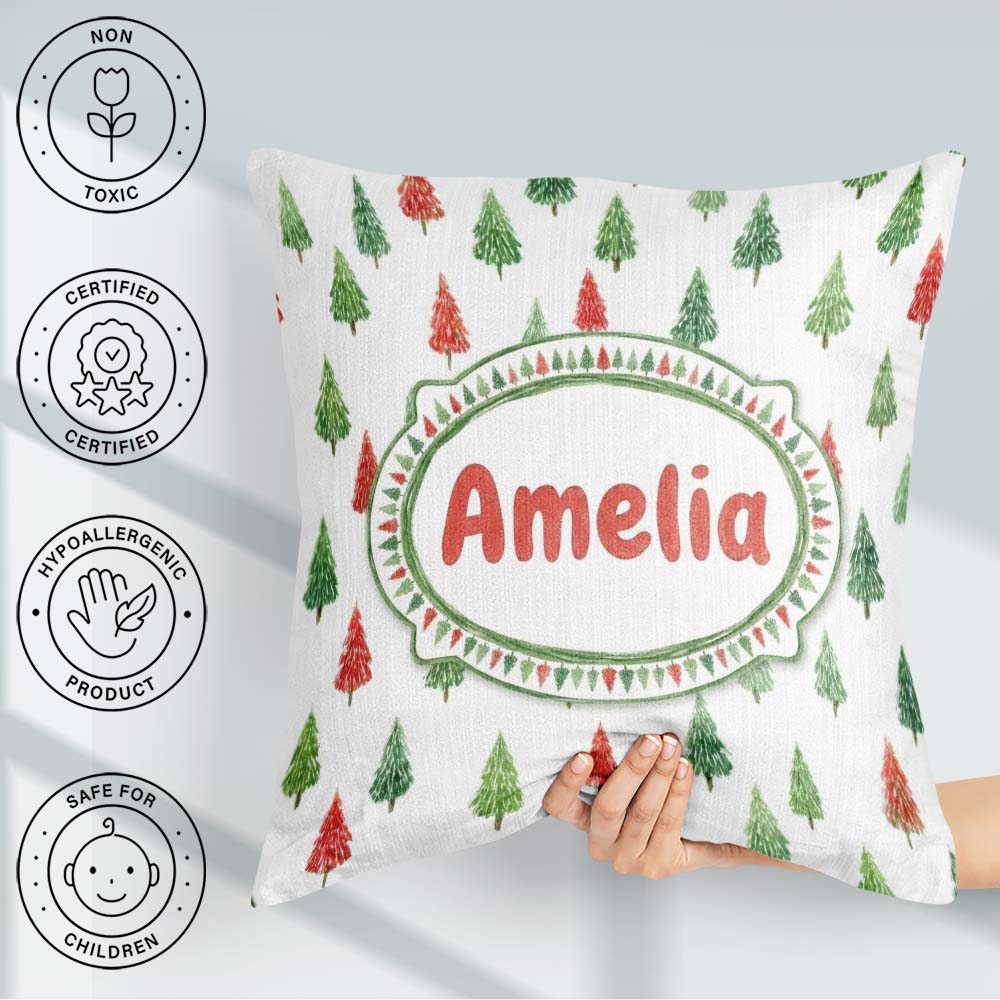 Custom Name Watercolor Mini Christmas Trees Red Holiday Seamless Square Filled Cushion Throw Pillow Sofa Bed Home Decor Zip Washable UK Made