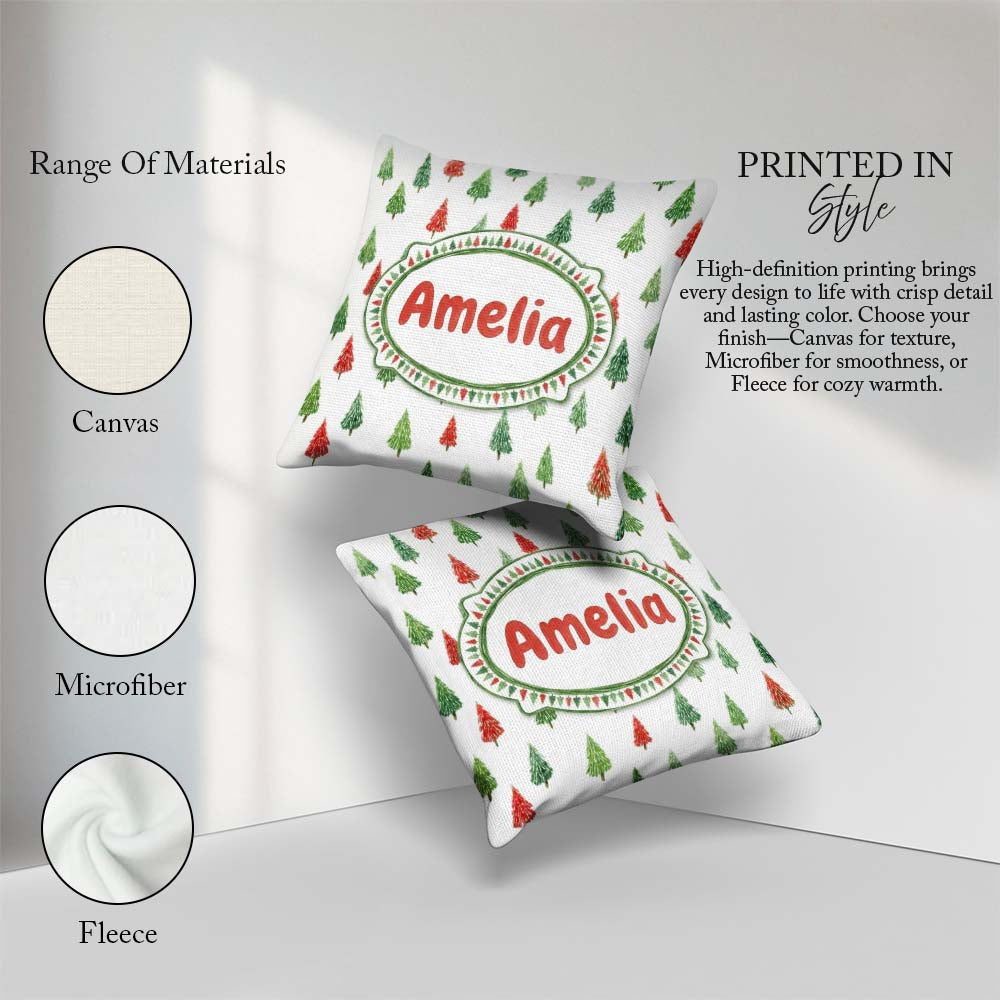 Custom Name Watercolor Mini Christmas Trees Red Holiday Seamless Square Filled Cushion Throw Pillow Sofa Bed Home Decor Zip Washable UK Made