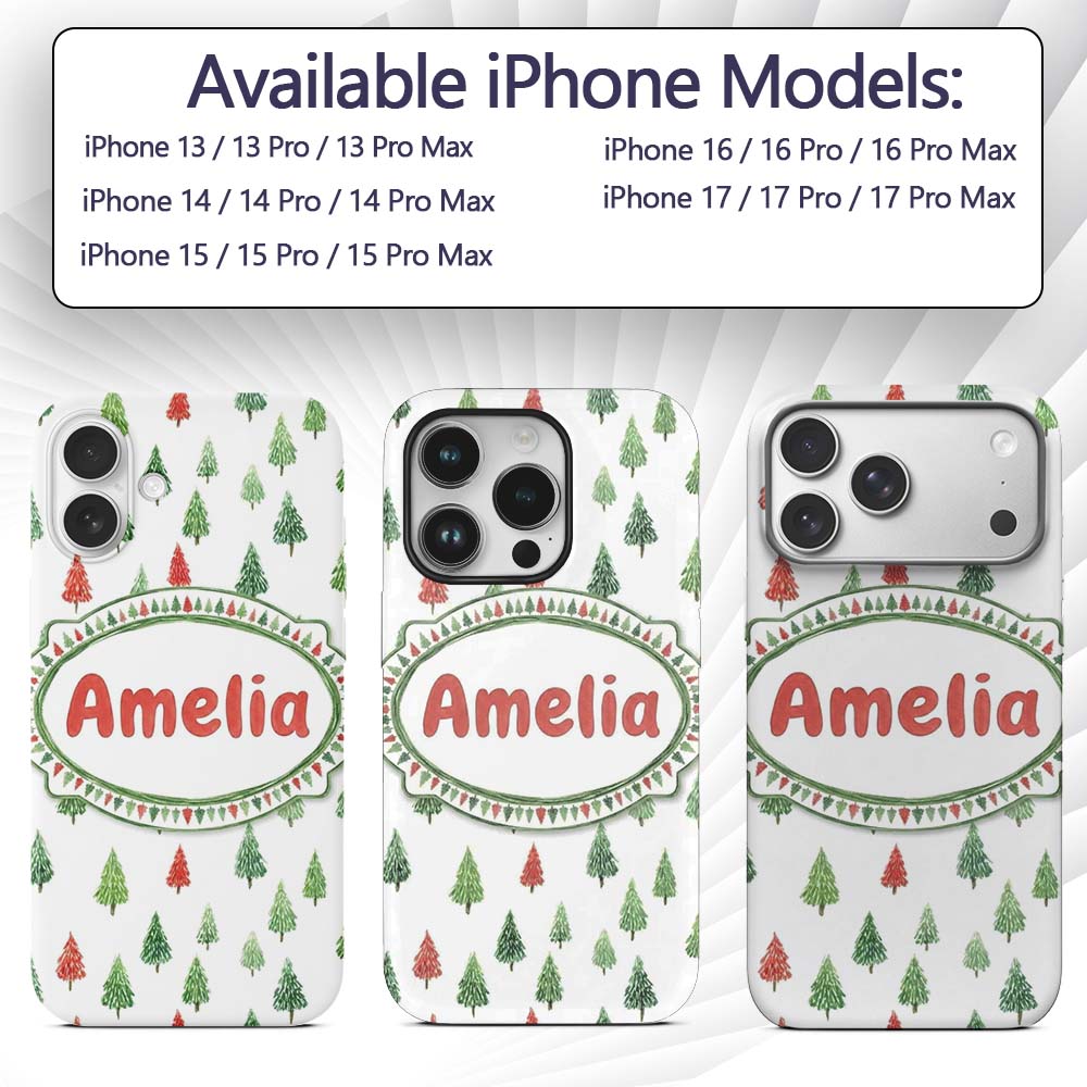 Watercolor Mini Christmas Trees Red Green Holiday Custom Name Protective Phone Case Mobile Cover Durable Everyday Smartphone Shock Resistant