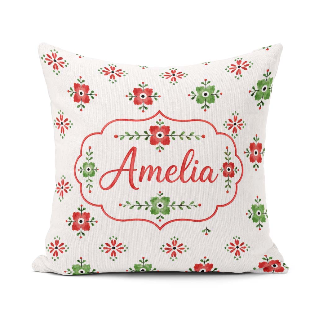 Custom Name Scandinavian Folk Floral Red Green Seamless Pattern Square Filled Cushion Throw Pillow Sofa Bed Home Decor Zip Washable UK Made