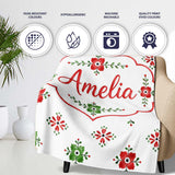 Watercolor Scandinavian Folk Floral Red Green Seamless Pattern  Personalised Custom Name Super Soft Fleece Blanket Bed Sofa Throw