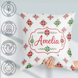 Custom Name Scandinavian Folk Floral Red Green Seamless Pattern Square Filled Cushion Throw Pillow Sofa Bed Home Decor Zip Washable UK Made