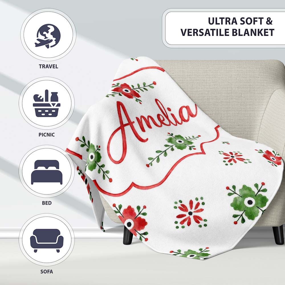 Watercolor Scandinavian Folk Floral Red Green Seamless Pattern  Personalised Custom Name Super Soft Fleece Blanket Bed Sofa Throw