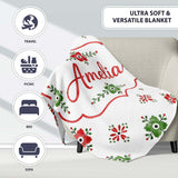 Watercolor Scandinavian Folk Floral Red Green Seamless Pattern  Personalised Custom Name Super Soft Fleece Blanket Bed Sofa Throw