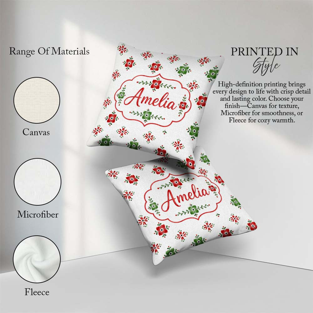 Custom Name Scandinavian Folk Floral Red Green Seamless Pattern Square Filled Cushion Throw Pillow Sofa Bed Home Decor Zip Washable UK Made