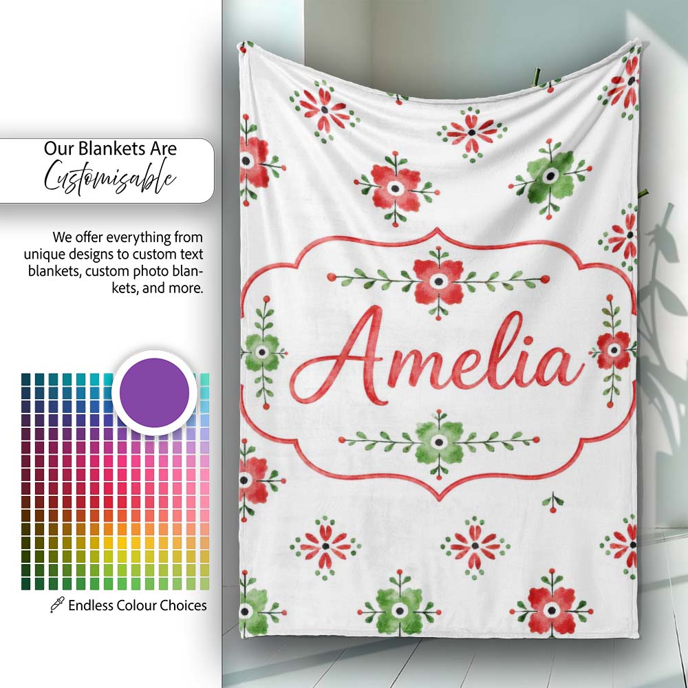 Watercolor Scandinavian Folk Floral Red Green Seamless Pattern  Personalised Custom Name Super Soft Fleece Blanket Bed Sofa Throw