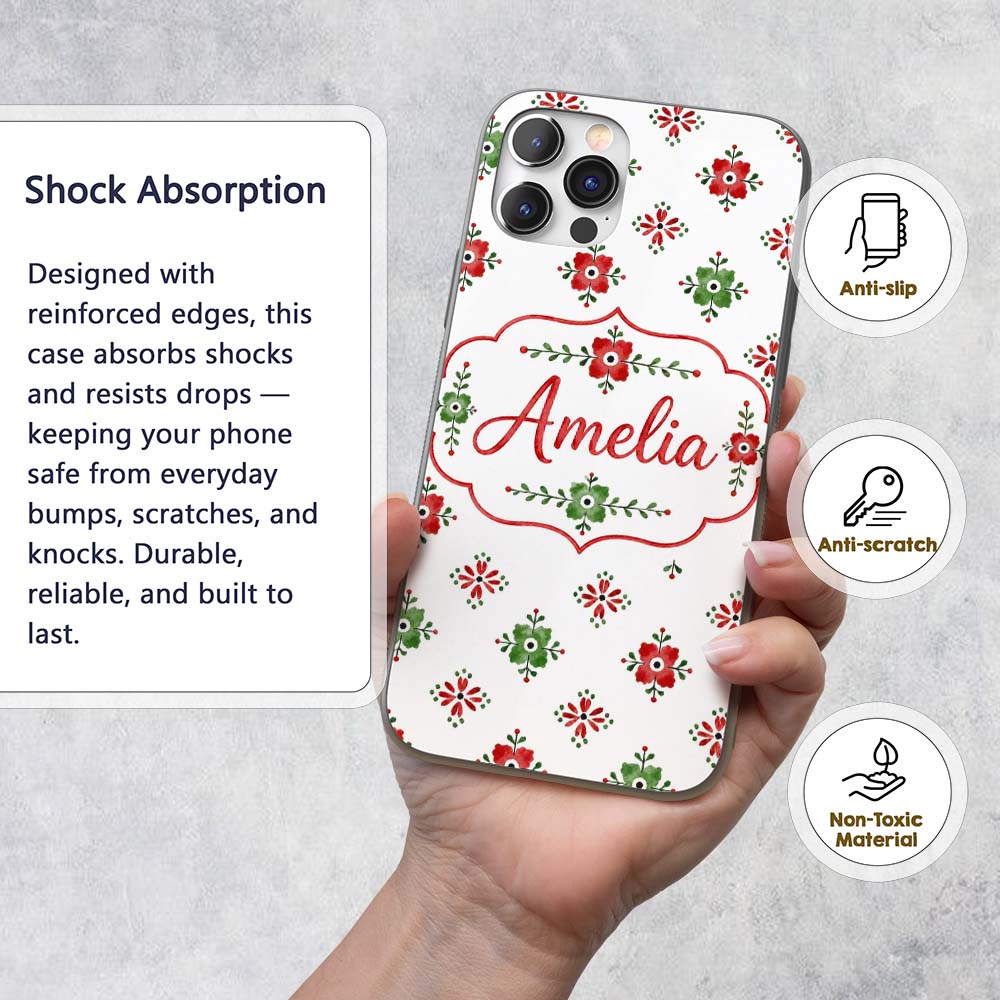 Watercolor Scandinavian Folk Floral Red Green Custom Name Protective Phone Case Mobile Cover Durable Everyday Smartphone Shock Resistant